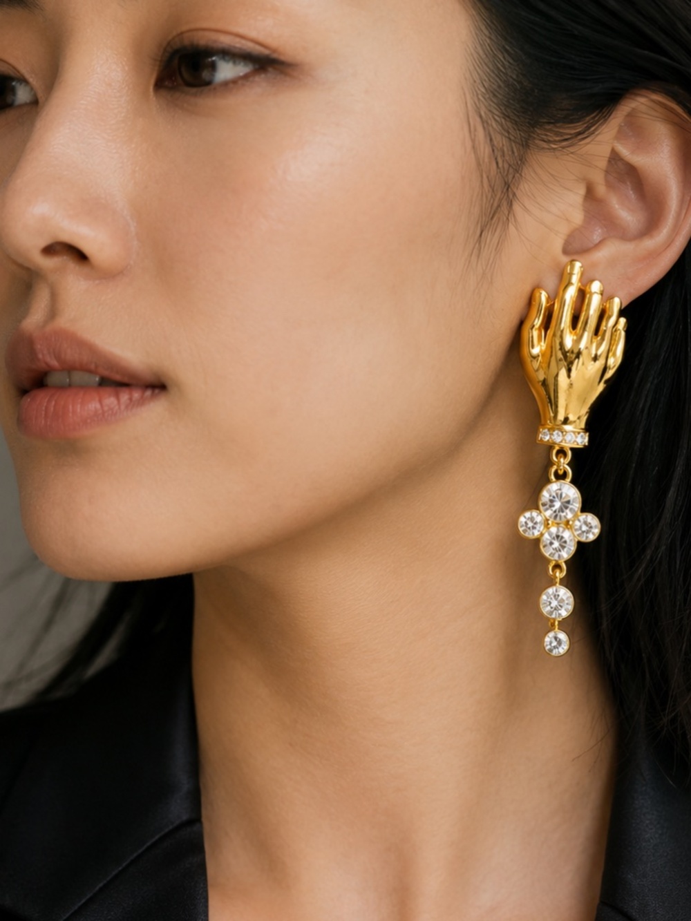 Gold Hand Statement Earrings | Crystal Drop Dangle Earrings | Artistic Designer
